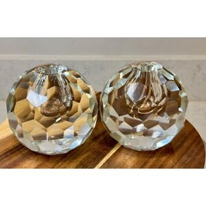 Faceted Lead Crystal Candle Holders - Geometric Cut, Pair